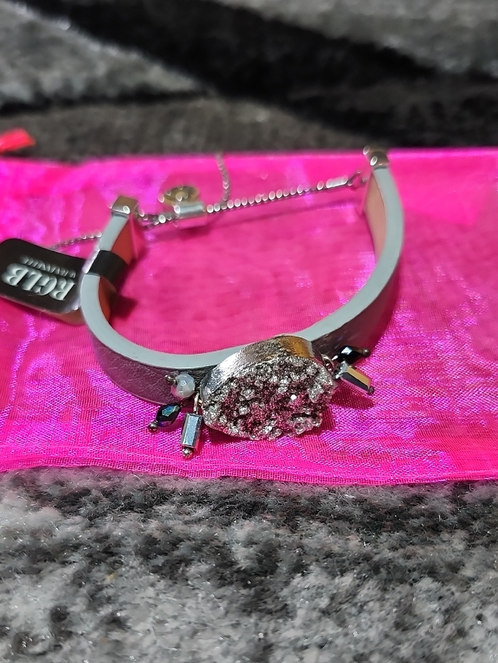 LAURA JANELLE RGLB METALLIC DRUZY CRYSTAL CLUSTER BEAD GRAY METAL SLIDE BRACELET